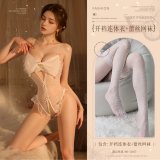 White (large bow crotchless bodysuit + lace fishnet stockings)