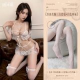 White (Pearl-embellished bust three-piece set + white fishnet stockings)