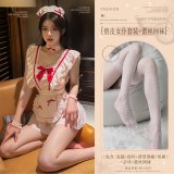 White (playful maid outfit + lace fishnet stockings)