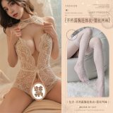 White (open-crotch bodysuit with exposed chest + lace fishnet stockings)
