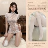 White (see-through cheongsam + thong + open-crotch tights)