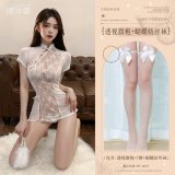 White (see-through cheongsam + thong + bow-tie stockings)