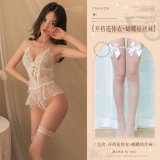White (sexy open-crotch bodysuit + bow-tie stockings)