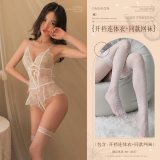 White (sexy open-crotch bodysuit + matching fishnet stockings)