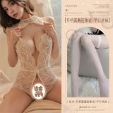 White (open-crotch bodysuit with exposed chest + flat-top stockings)