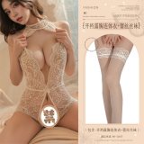 White (open-crotch bodysuit with exposed chest + lace stockings)