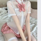 White top + pink plaid skirt + stockings