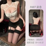 White top + short skirt + matching garter stockings