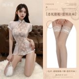 White (see-through cheongsam + thong + lace stockings)