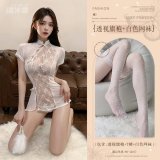 White (see-through cheongsam + thong + white fishnet stockings)