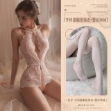 White (open-crotch bodysuit with exposed chest + lace fishnet stockings)
