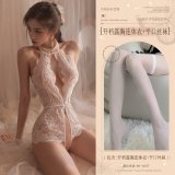 White (open-crotch bodysuit with exposed chest + flat-top stockings)