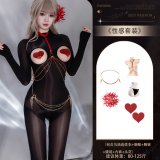 Y045 Set + [8123 Red Heart Nipple Covers + 8129 Red Bra Chain + Waist Chain + N74 Rhinestone Panties + 8110 Hair Flower]