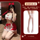 ◆Enjoy New Year's Eve◆ White + Red [Headband + Neckline Bandeau + Armbands*2 + Apron + T-shirt] + White Stockings