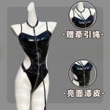 [Zippered crotchless bodysuit + neck loop traction rope]