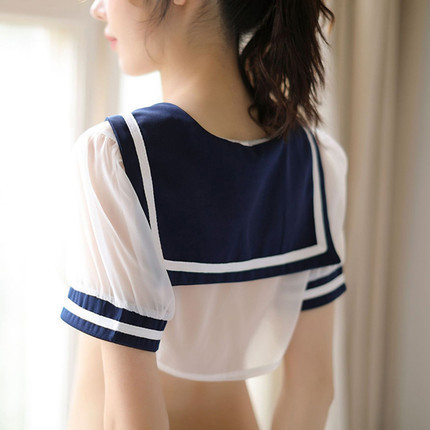 Stacy, a pure and sexy teenage girl, wearing a translucent sailor student outfit with mesh