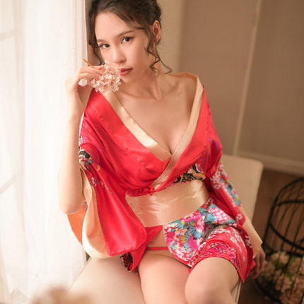 Stacy Japanese geisha style leakage nipple cross collar printed short kimono nightgown
