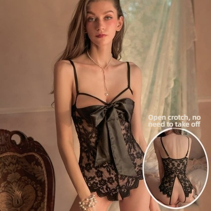 Sexy hollowed out see through butterfly bow lace lace open cut suspender jumpsuit