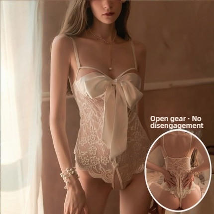Sexy hollowed out see through butterfly bow lace lace open cut suspender jumpsuit