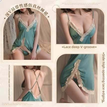 Fei Mu Shen V suspender sexy simulation silk nightgown blue-green
