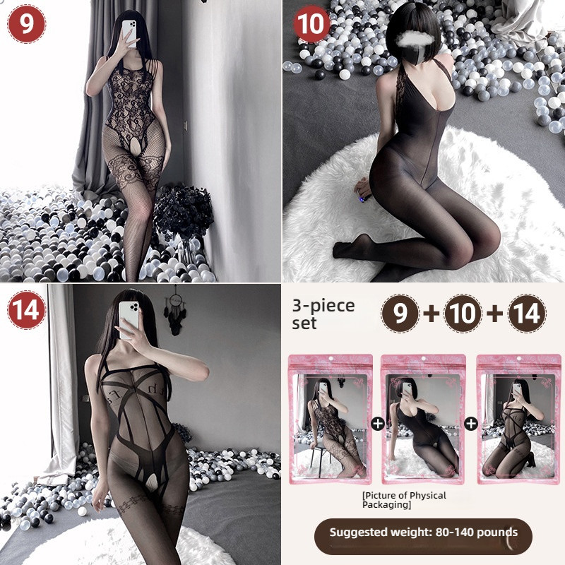 Linlin Ting sexy lingerie cross-border plus size sexy see through hollow one-piece seduction set open stocking set
