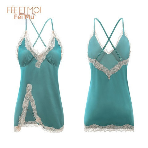 Fei Mu Shen V suspender sexy simulation silk nightgown blue-green