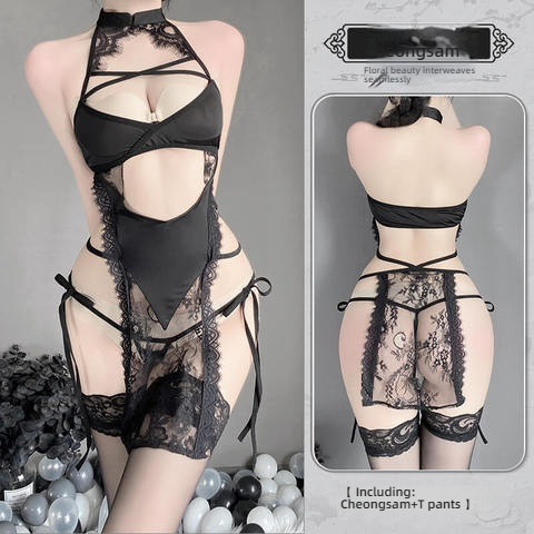 Stacey Perspective Neck Hanging Lace Cheongsam Sex Underwear Black