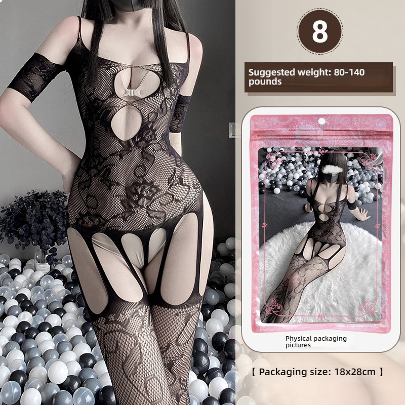 Linlin Ting sexy lingerie cross-border plus size sexy see through hollow one-piece seduction set open stocking set