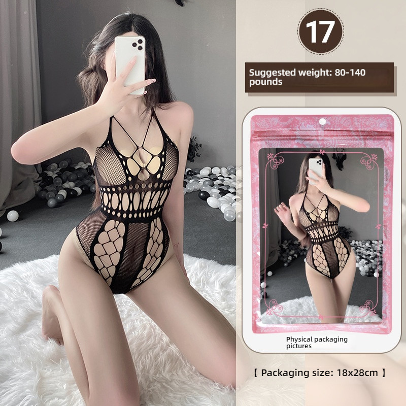 Linlin Ting sexy lingerie cross-border plus size sexy see through hollow one-piece seduction set open stocking set