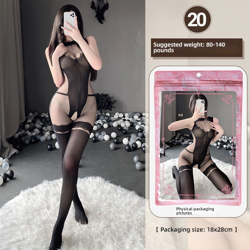 Linlin Ting sexy lingerie cross-border plus size sexy see through hollow one-piece seduction set open stocking set