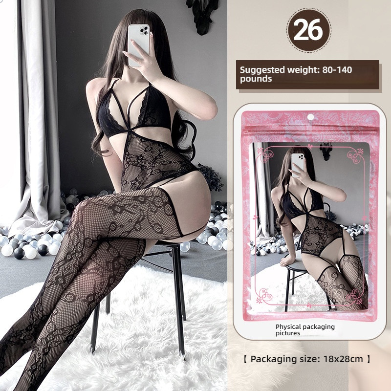 Linlin Ting sexy lingerie cross-border plus size sexy see through hollow one-piece seduction set open stocking set