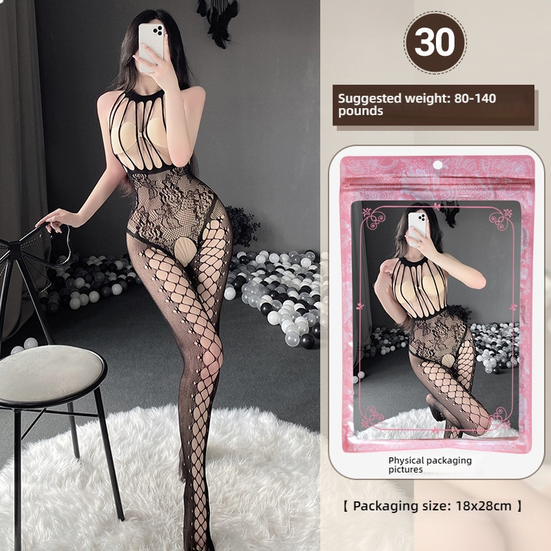 Linlin Ting sexy lingerie cross-border plus size sexy see through hollow one-piece seduction set open stocking set