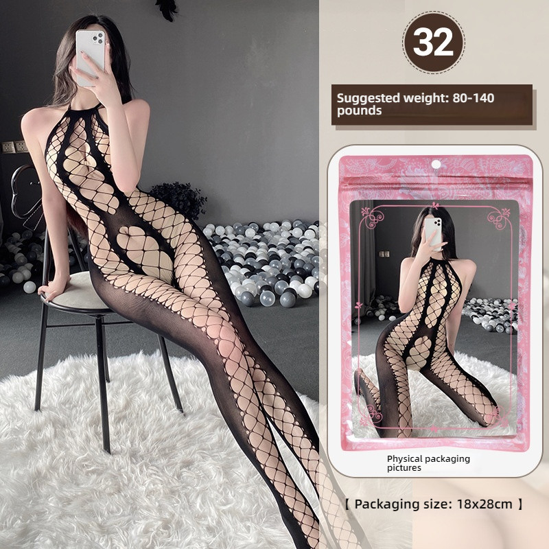 Linlin Ting sexy lingerie cross-border plus size sexy see through hollow one-piece seduction set open stocking set