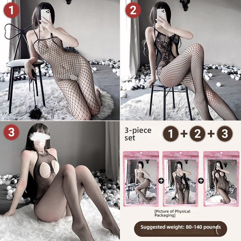 Linlin Ting sexy lingerie cross-border plus size sexy see through hollow one-piece seduction set open stocking set