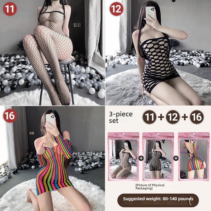 Linlin Ting sexy lingerie cross-border plus size sexy see through hollow one-piece seduction set open stocking set