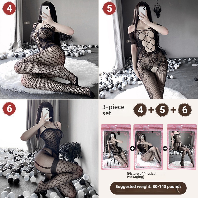Linlin Ting sexy lingerie cross-border plus size sexy see through hollow one-piece seduction set open stocking set