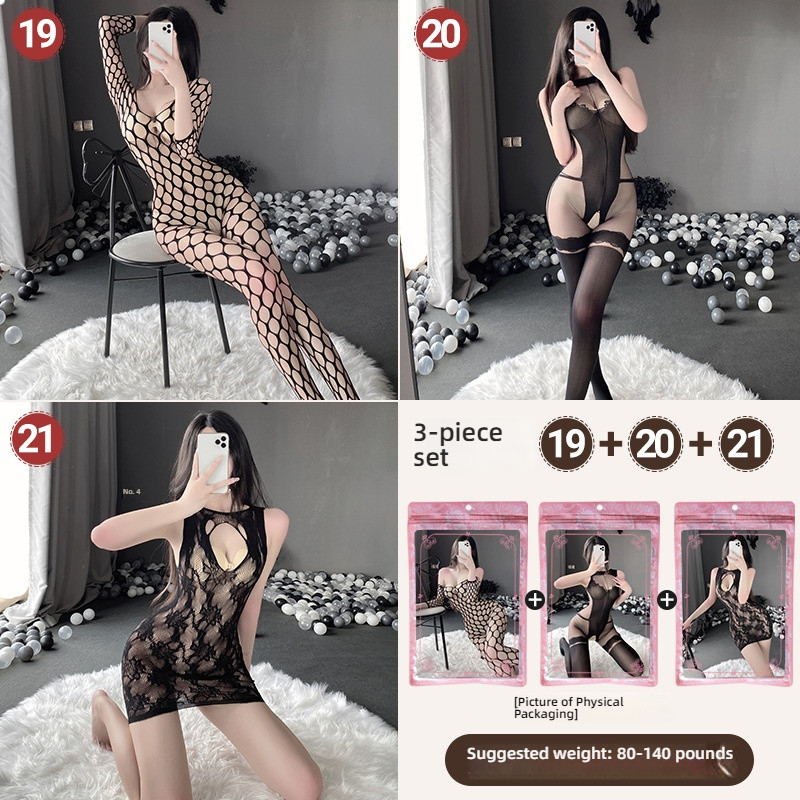 Linlin Ting sexy lingerie cross-border plus size sexy see through hollow one-piece seduction set open stocking set
