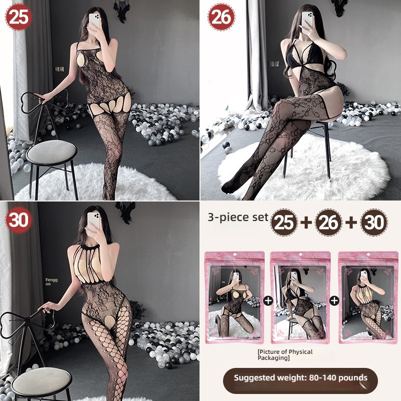 Linlin Ting sexy lingerie cross-border plus size sexy see through hollow one-piece seduction set open stocking set