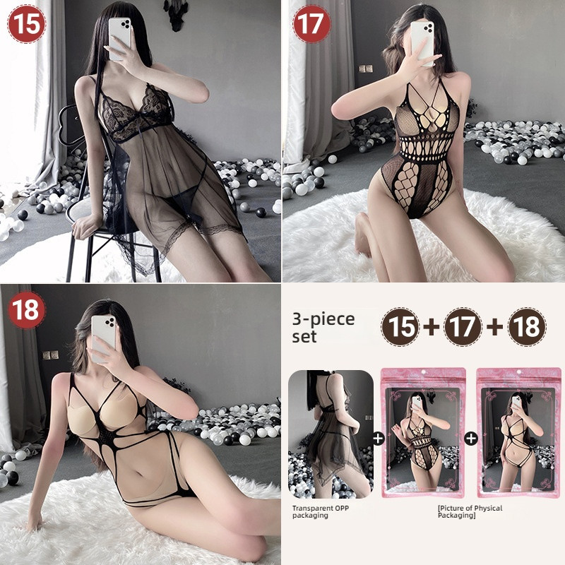 Linlin Ting sexy lingerie cross-border plus size sexy see through hollow one-piece seduction set open stocking set