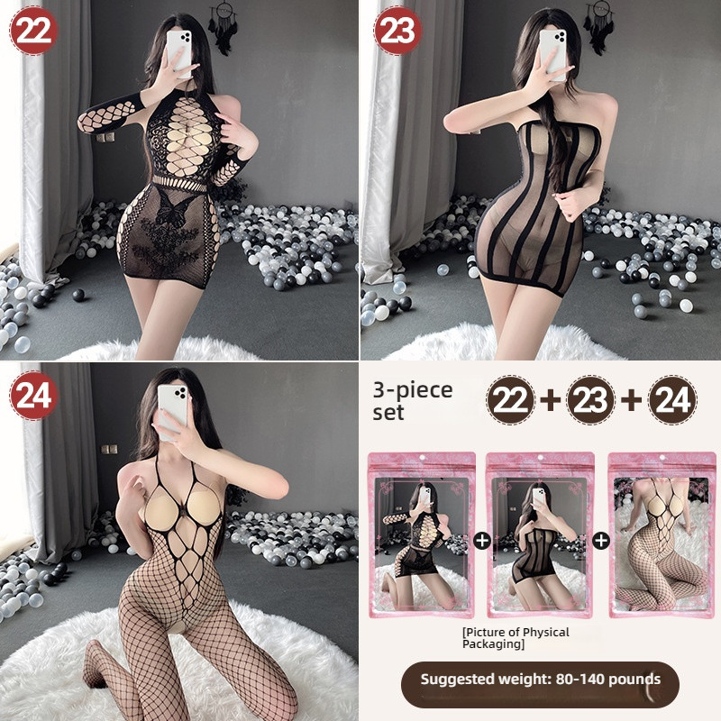 Linlin Ting sexy lingerie cross-border plus size sexy see through hollow one-piece seduction set open stocking set