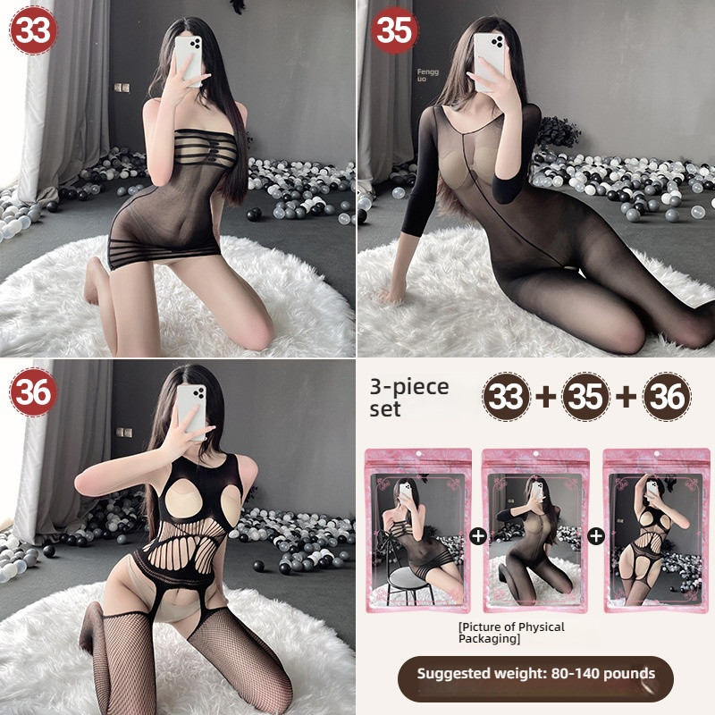 Linlin Ting sexy lingerie cross-border plus size sexy see through hollow one-piece seduction set open stocking set