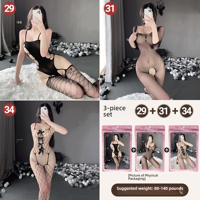 Linlin Ting sexy lingerie cross-border plus size sexy see through hollow one-piece seduction set open stocking set