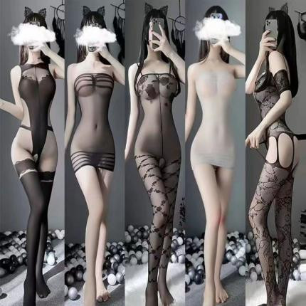 Linlin Ting sexy lingerie cross-border plus size sexy see through hollow one-piece seduction set open stocking set