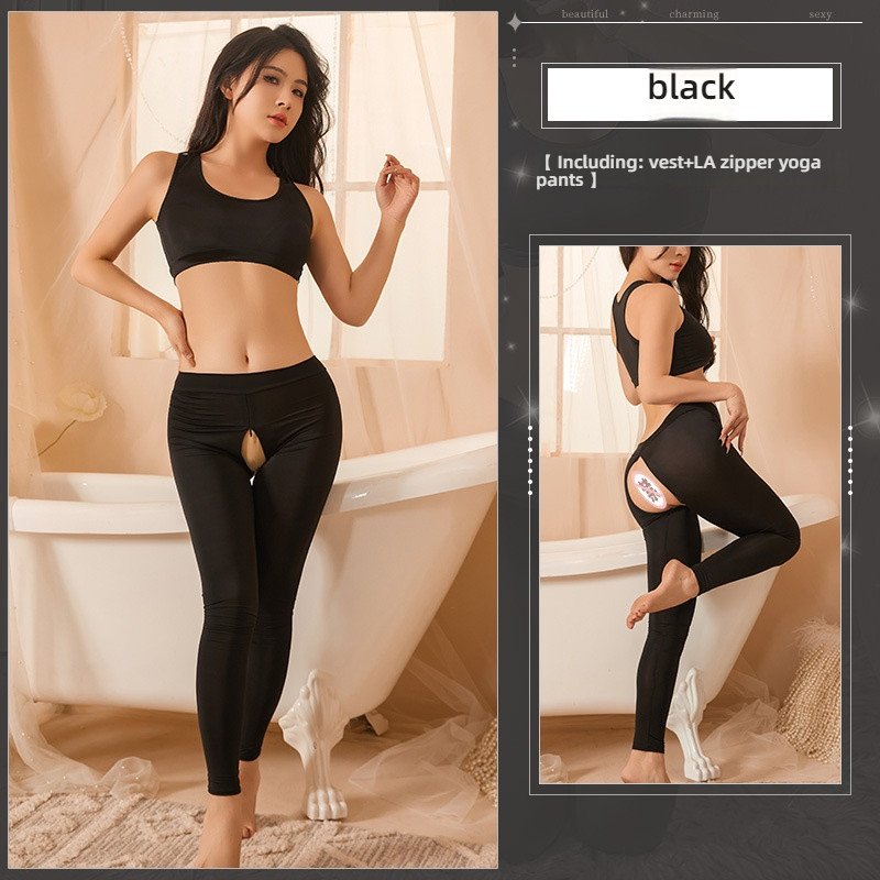 Sexy lingerie dress, sexy ice silk, smooth and non slip zipper, open crotch yoga pants, sexy stockings, sexy lingerie