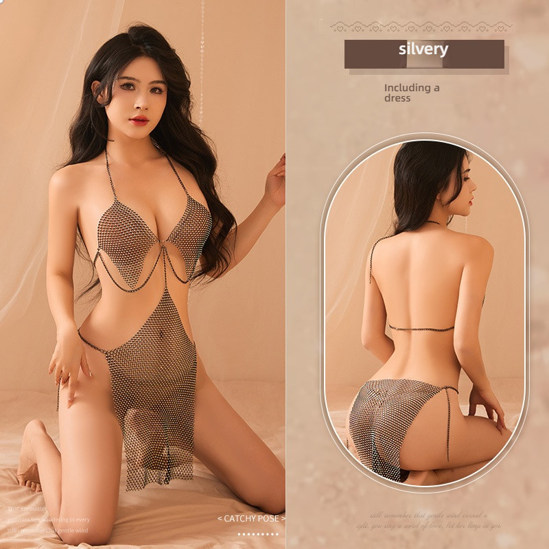 Meinaer sexy lingerie sexy suspender one-piece perspective set, bold and non stripping nightclub shiny dress temptation