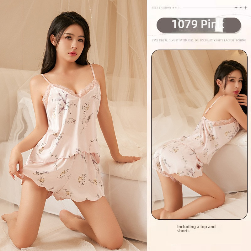 Sexy women's printed lace camisole nightgown shorts home suit set pure desire thin chest nightgown