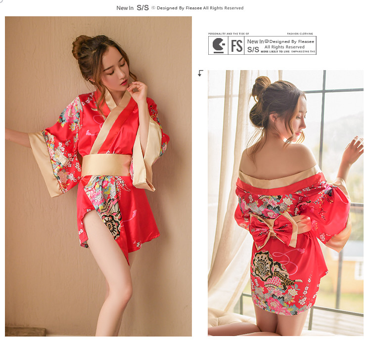 Stacy Japanese geisha style leakage nipple cross collar printed short kimono nightgown