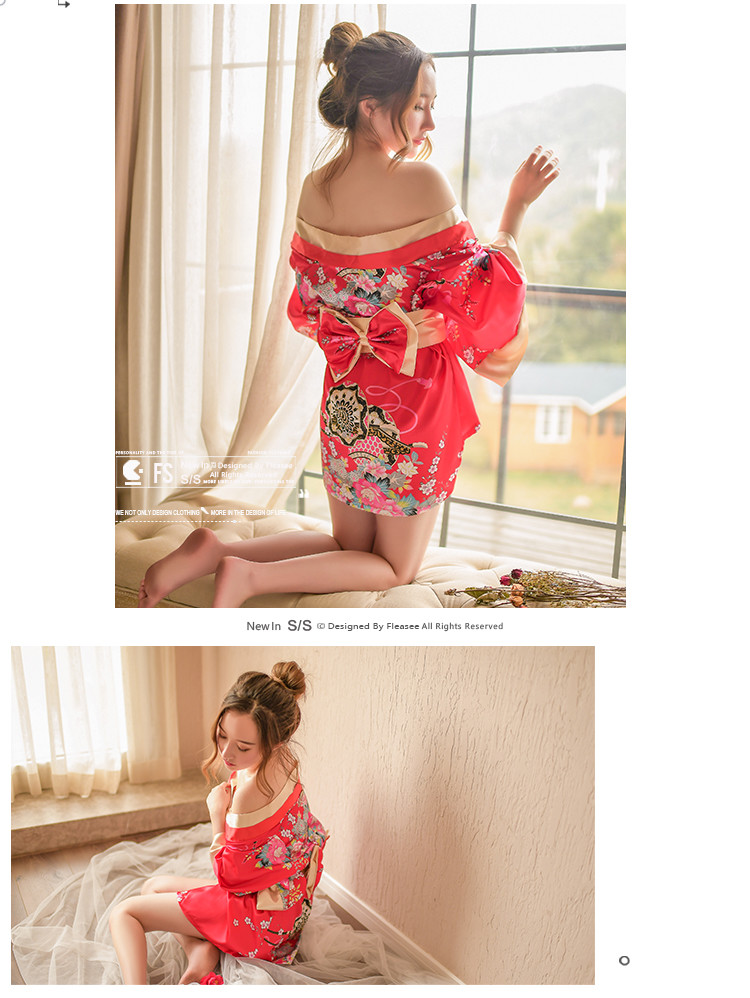 Stacy Japanese geisha style leakage nipple cross collar printed short kimono nightgown