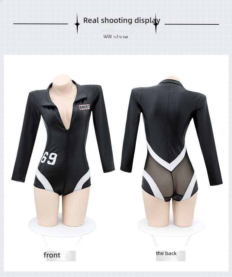 Fei Mu Shen V Zipper Open Joint Painted Leather Coat Black