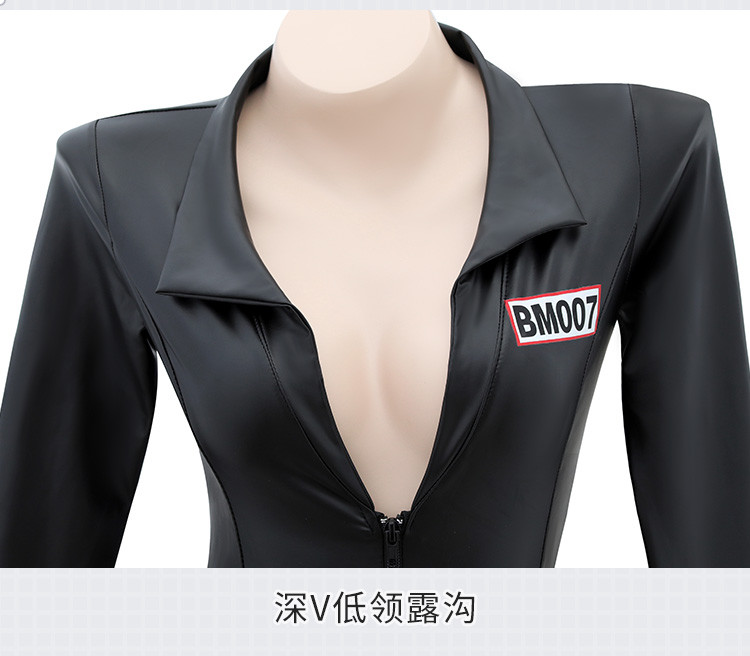 Fei Mu Shen V Zipper Open Joint Painted Leather Coat Black